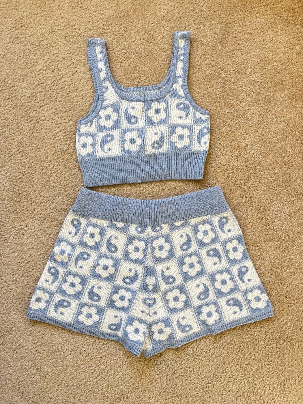 American Eagle Knit Tank Top and Short Sets Blue /white Sz M
